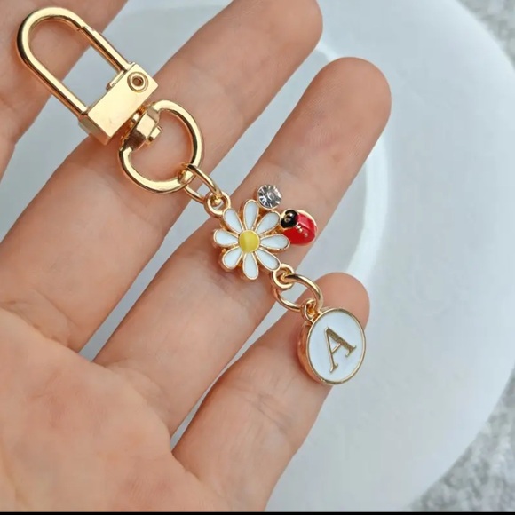 Accessories - Initial Gold Keychain with floral accent and ladybug
